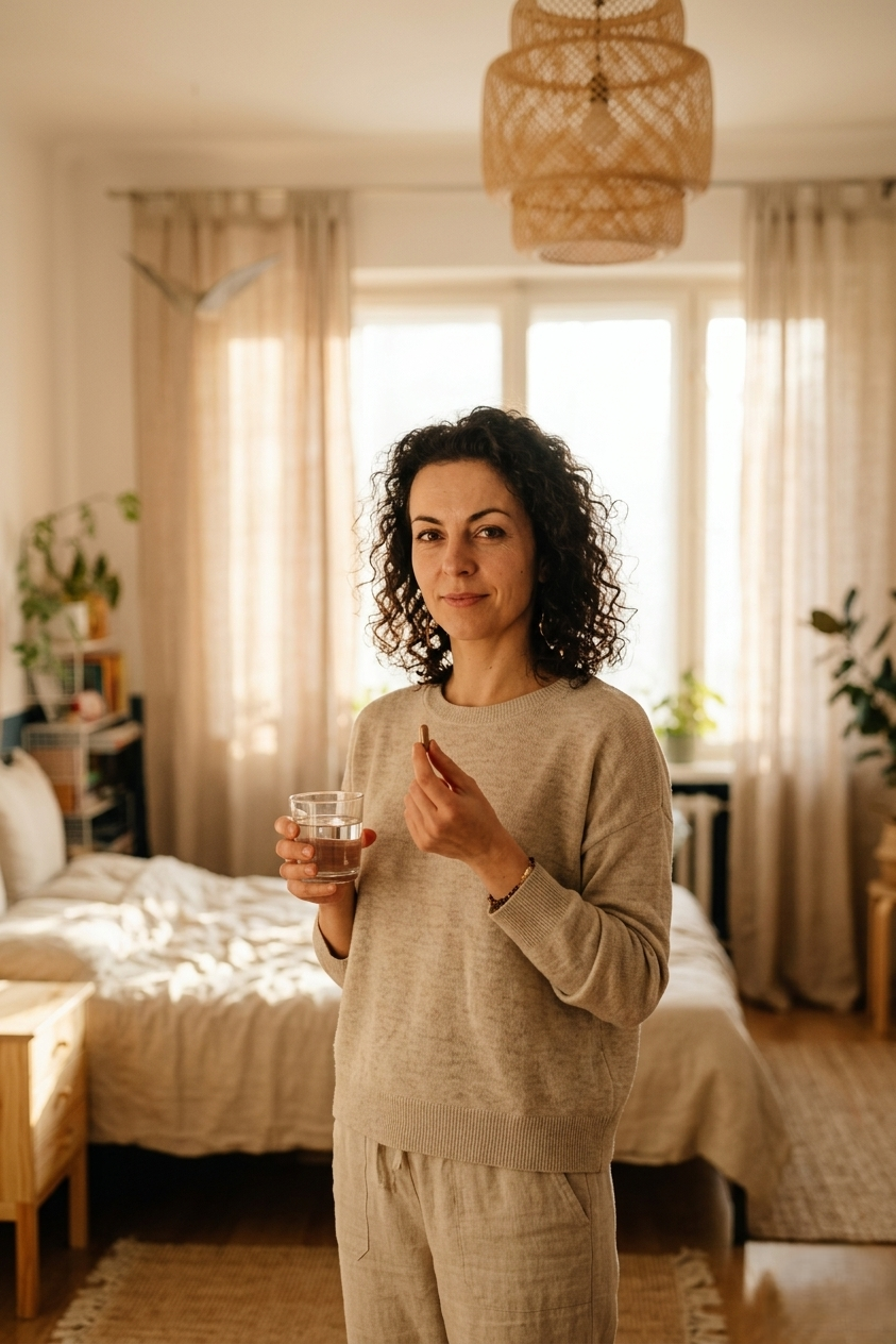 A woman in her forties in a sunlit bedroom in the morning, holding a glass of water, calm and at ease.
